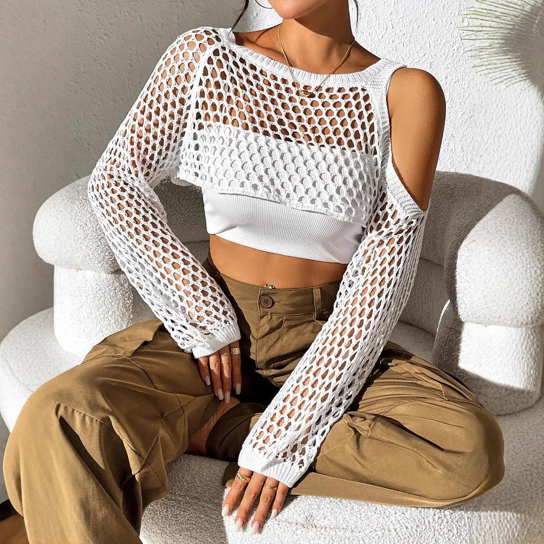 Beach couple hollowed navel mesh shirt in free size with six colour options