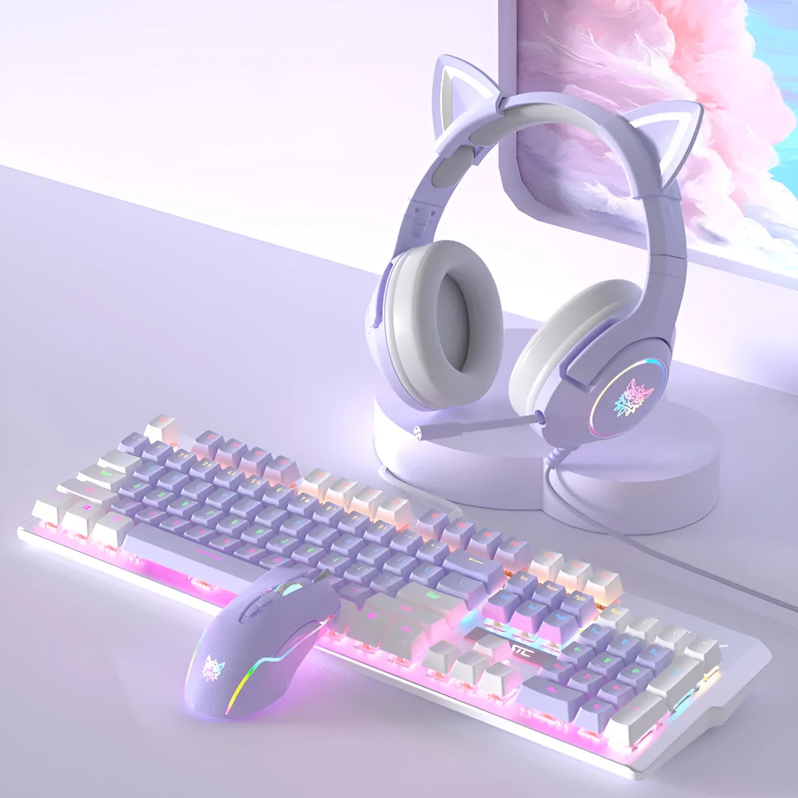 White and purple wired mechanical keyboard and mouse combo set with backlight on a desk.