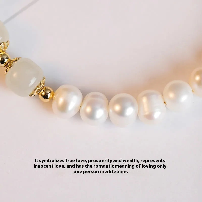 Korean style natural freshwater pearl bracelet with diamond-shaped beads in a Hetian jade electroplated finish.