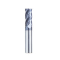 Carbide spiral flute milling cutter with straight shank on a grey background.