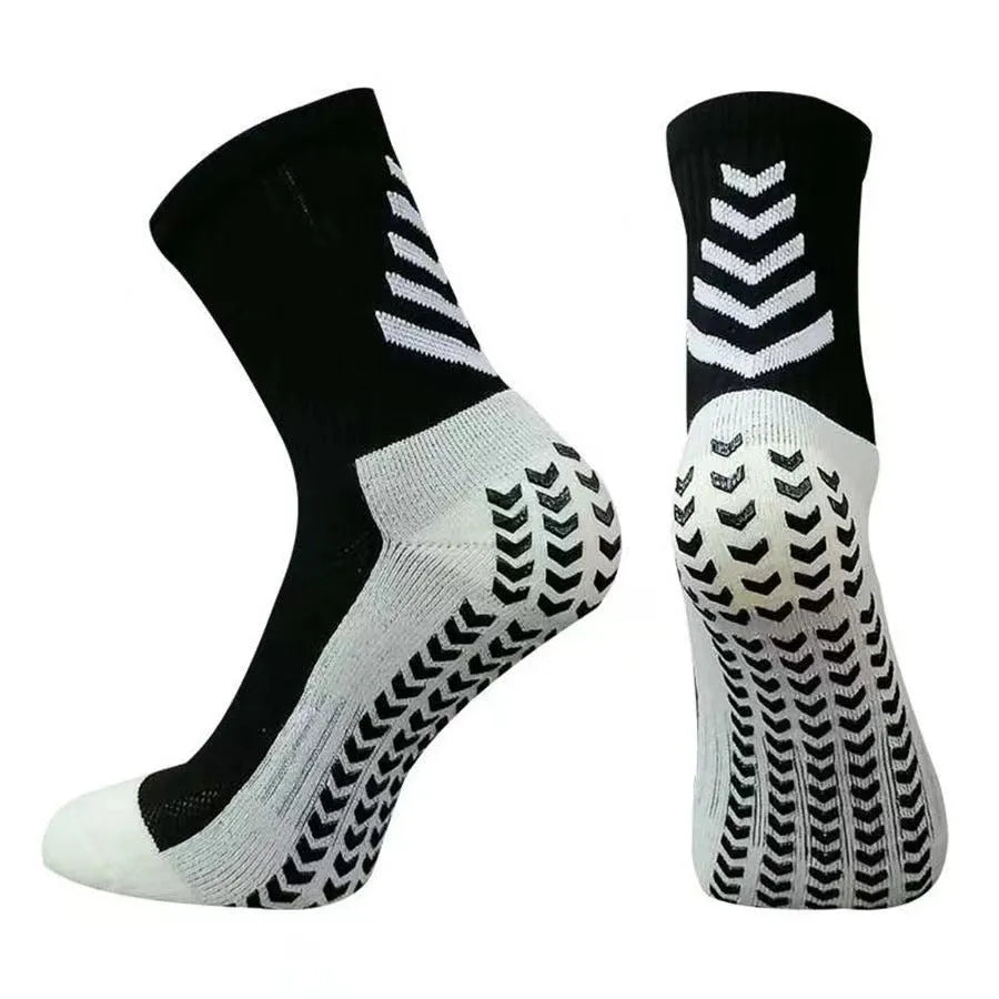 Men's mid-calf athletic socks with geometric patterns and non-slip silicone grips