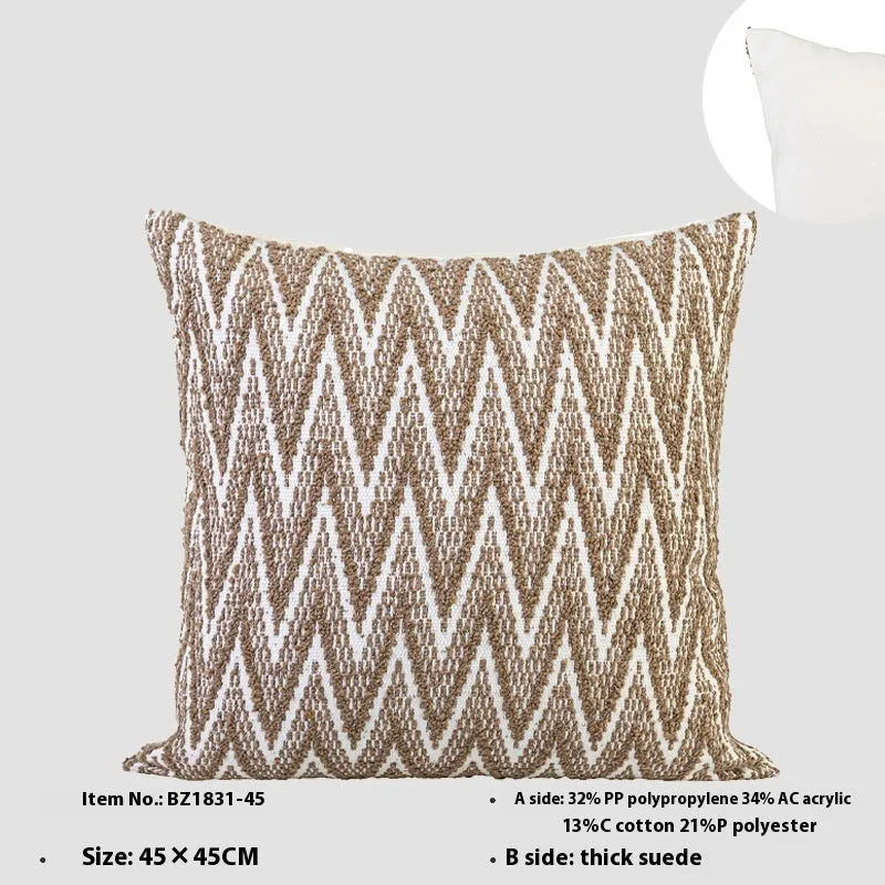 Chinese ancient style square sofa cushion with geometric pattern in brown Maillard colours, 45cm.