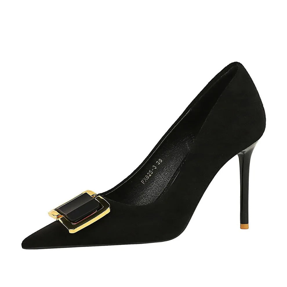 Black suede women's stiletto court shoes with a 9cm high heel and pointed toe