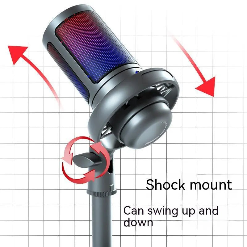 Condenser microphone with RGB lighting in black, white, or pink colours for USB computer recording.