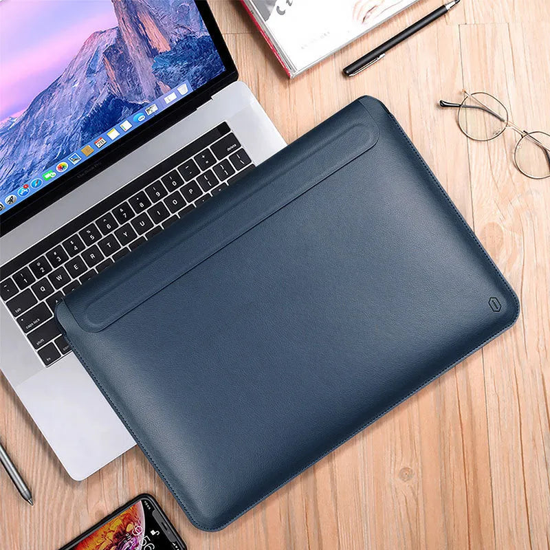 PU leather notebook liner protective case in dark blue with soft handle and hook-and-loop closure, size for 13.3 inch laptop