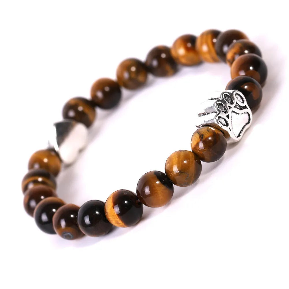 Indian agate stone bracelet with geometric dog's paw charm and heart detail on round beads