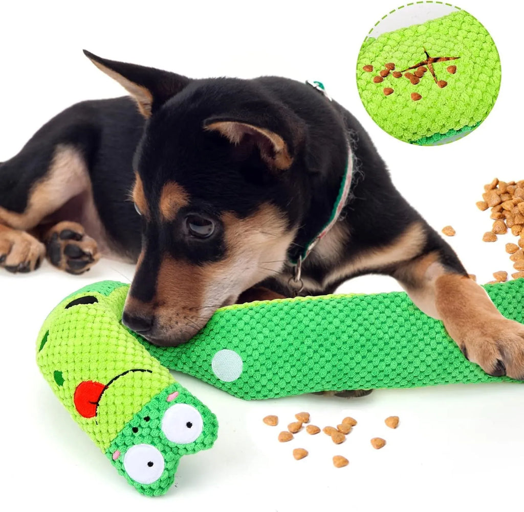 Convertible squeak dog toy in snail shape with hidden food holes for foraging training