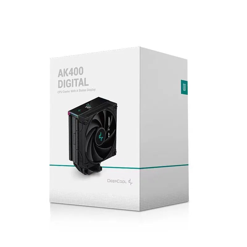 DeepCool black twin tower CPU air cooler with digital temperature display installed on a motherboard.