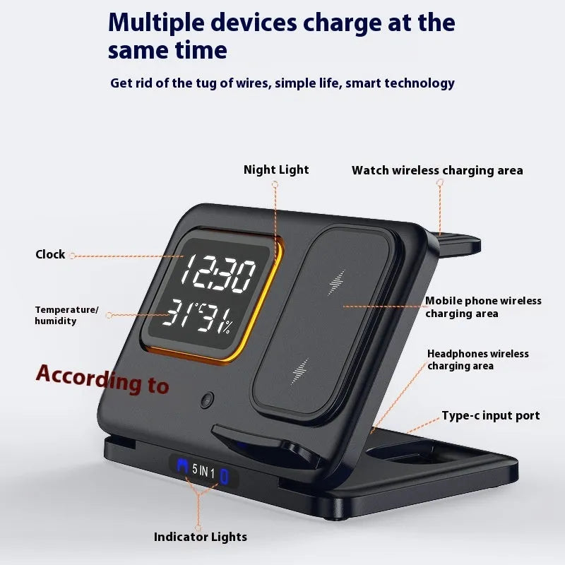Black and white 15W wireless charging station with LED display showing time, charging phone, watch and headphones