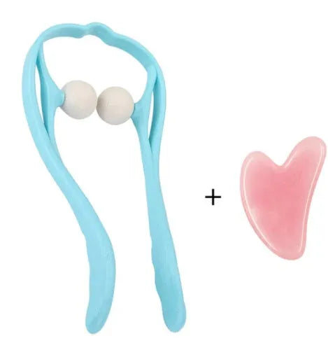 Blue plastic hand-held neck massager with adjustable rollers on a flexible stand.