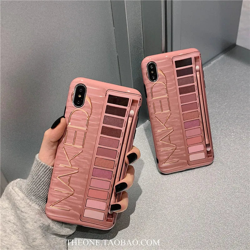 Silicone iPhone case with an eye shadow pattern design in flesh and grey colour options.