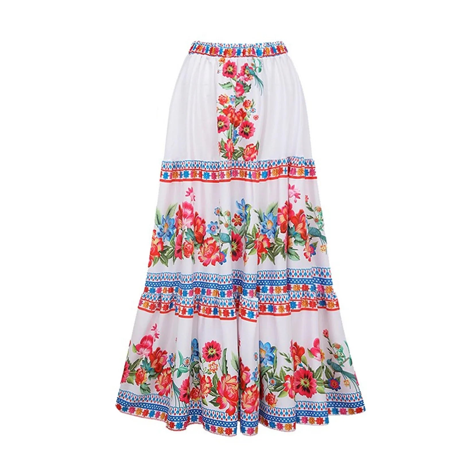 Adult woman modelling a printed one-piece swimsuit in a choice of colours including rose pink, blue, white, and a red apron set style.