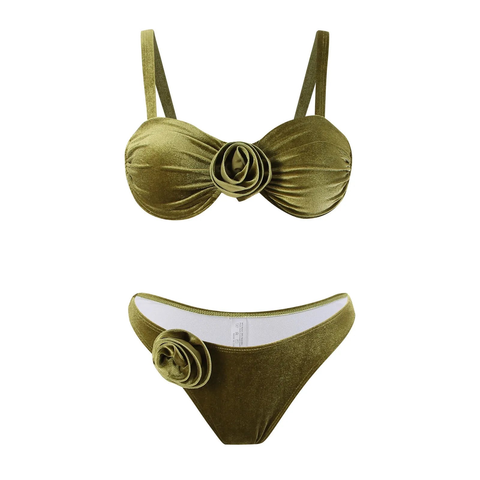 Women's green swimsuit with 3D floral pattern, brief style, for fitness and swimming.