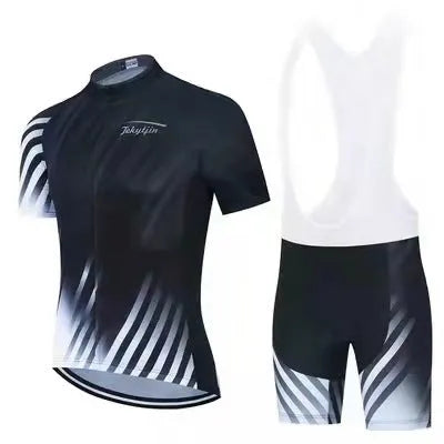 Men's and women's cycling jersey and shorts set in a colour style option, laid flat.