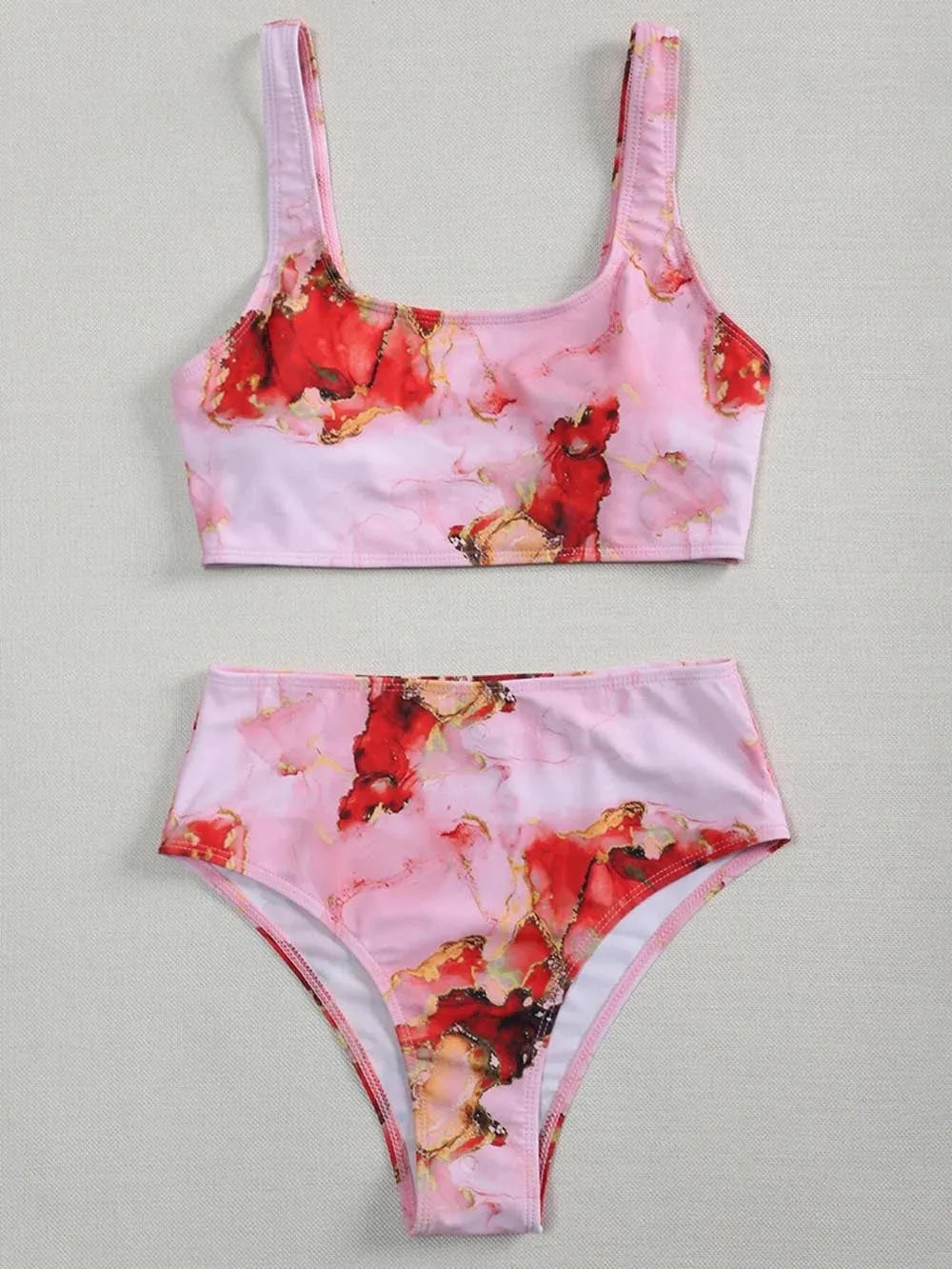 Women's marble tie-dye high-waist bikini with U-neck top for swimming.