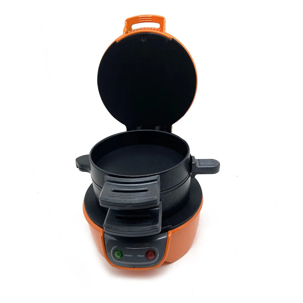 Bright red breakfast machine with sandwich maker, egg cooker ring and waffle maker functions