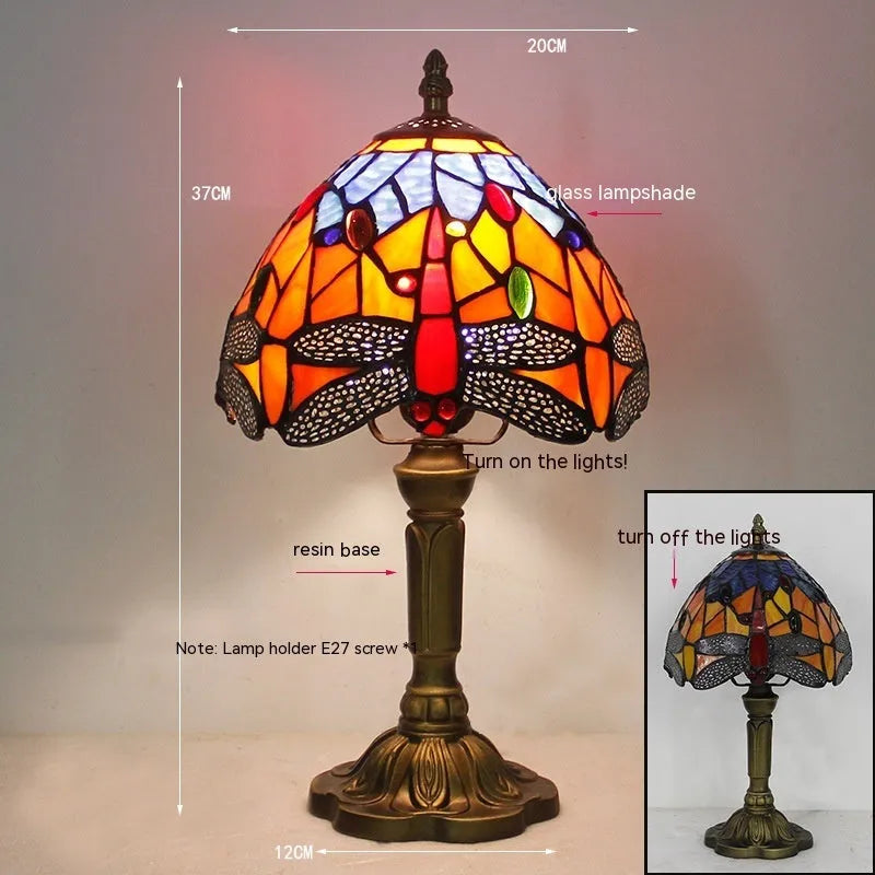 Stone table lamp with Tiffany-style dragonfly decoration in European design