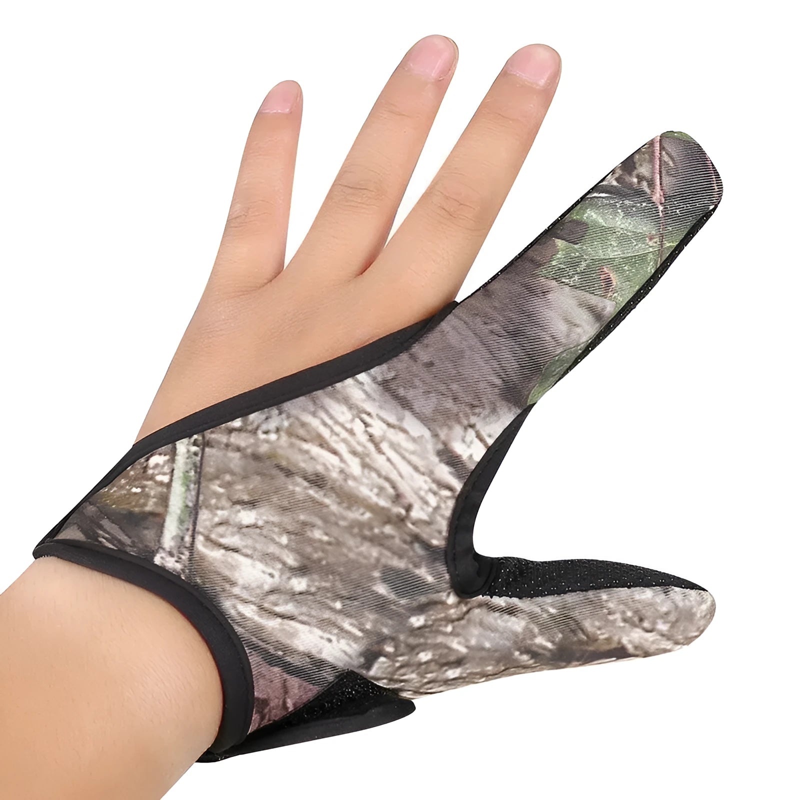 A single two-finger fishing glove showing the diving cloth back and microfiber palm, on a blue background.