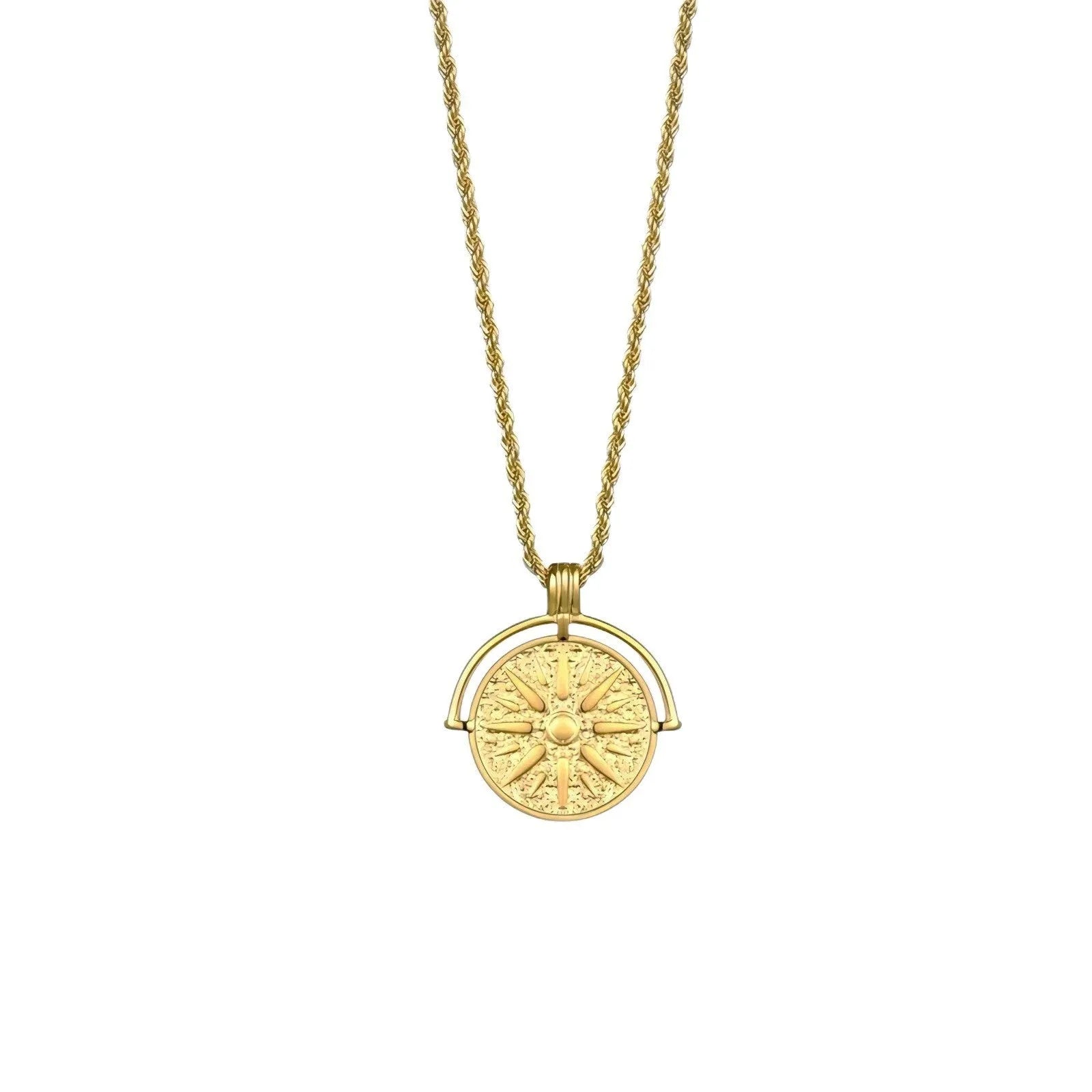 Stainless steel sunflower embossed pendant necklace with geometric star design on adjustable hemp flower chain