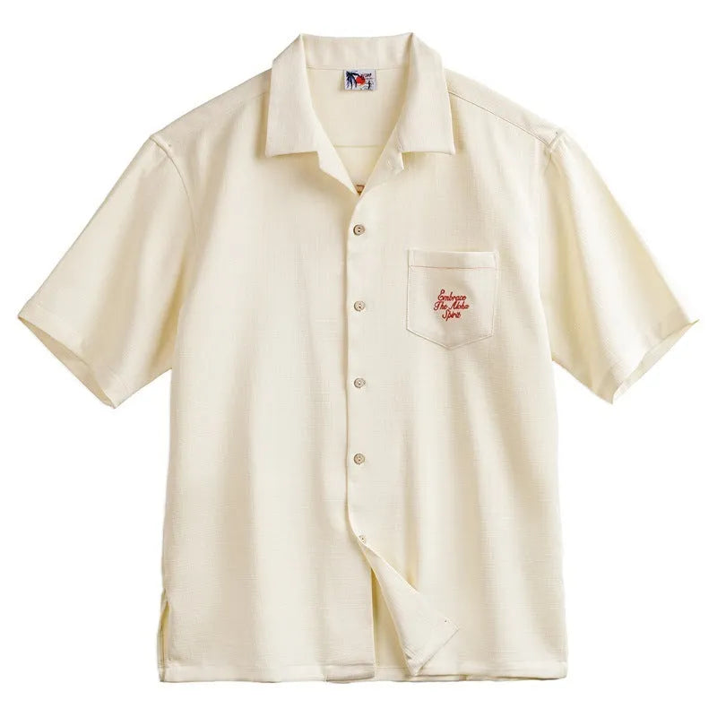 Light apricot men's Cuban collar shirt with bamboo plant and floral pattern