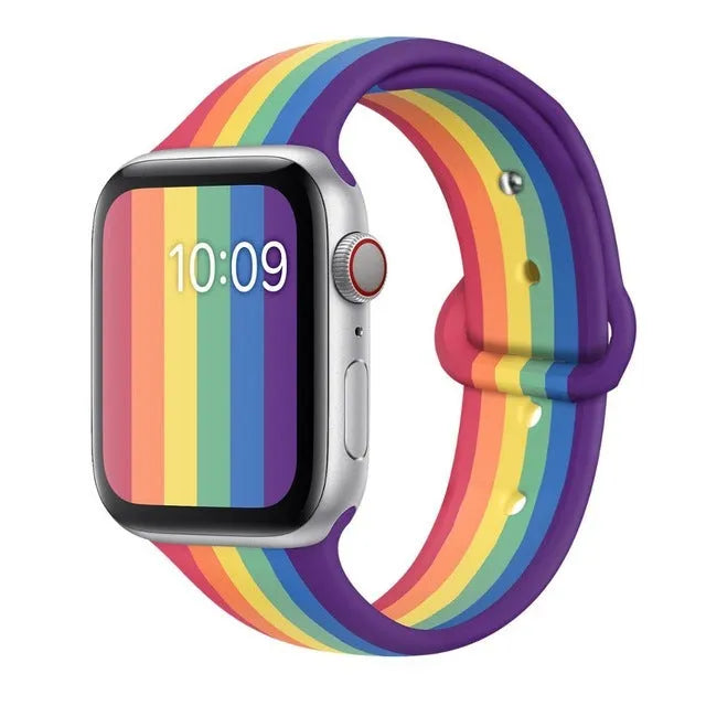 Adjustable silicone sports wristband strap in black, rainbow, or white with a buckle.