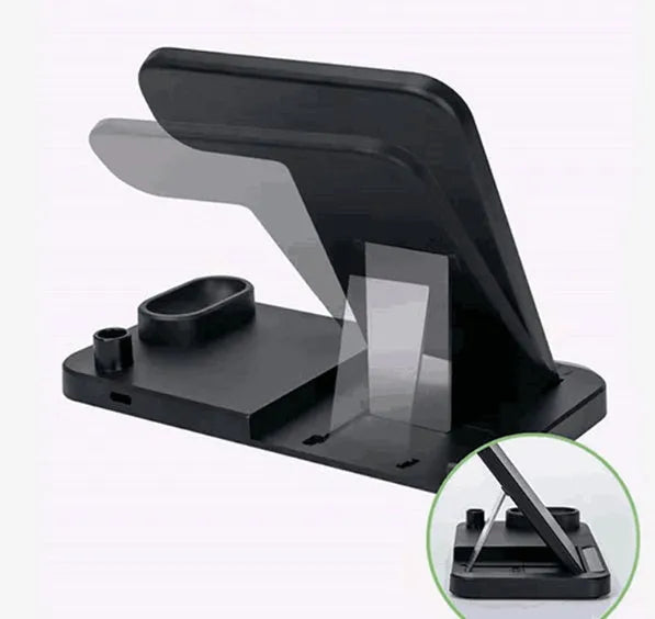4-in-1 wireless charging station showing iPhone, Apple Watch, AirPods and Apple Pencil charging simultaneously on adjustable stand