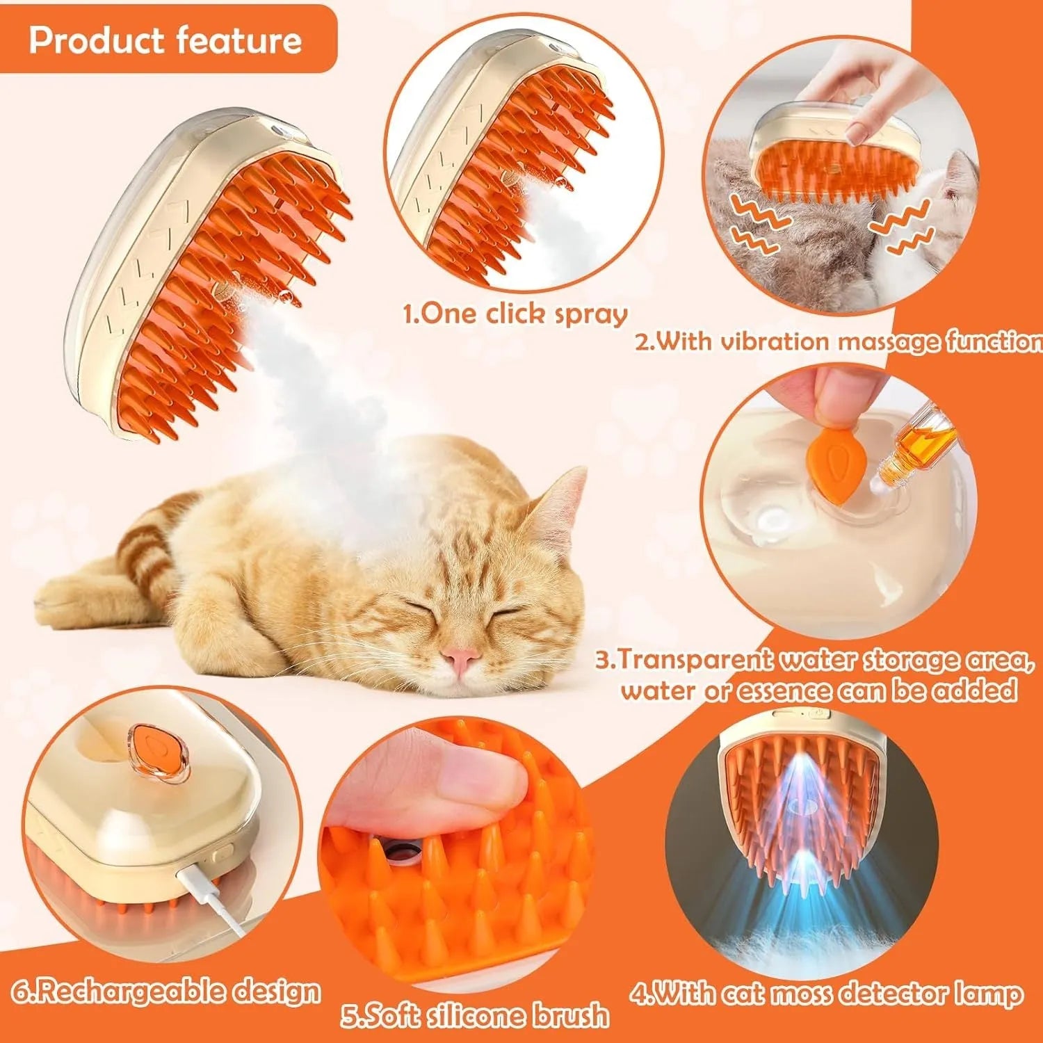 Yellow 4-in-1 cat steam brush with vibration massage, water spray, and ringworm detector measuring 110x65x50mm