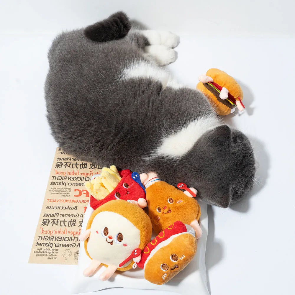 Set of five soft cat chewing toys shaped like bread, chicken legs, fries, a hamburger, and a hot dog.