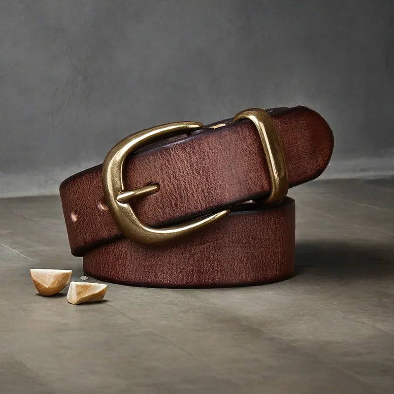 Men's casual jeans belt in cattlehide leather with copper pin buckle in black, brown, or khaki.