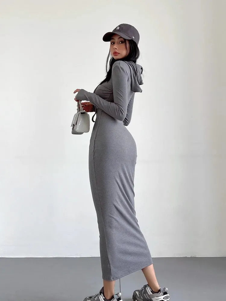 Women's grey hooded long sleeve sheath dress with high waist, shown knee-length.