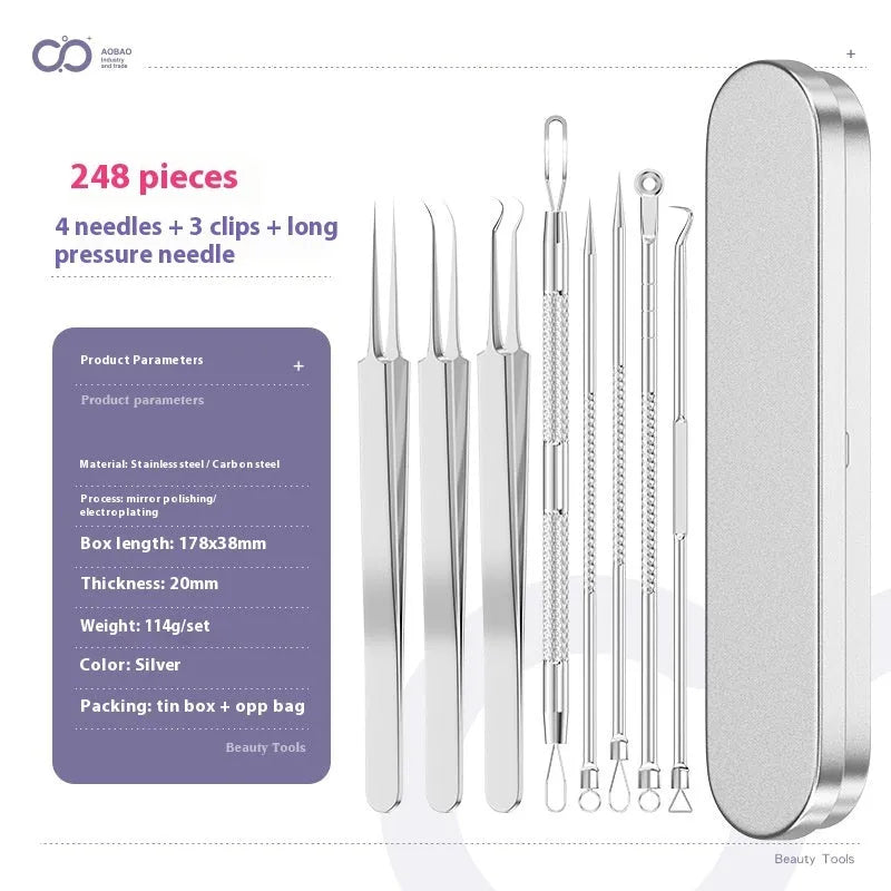 Four silver metal acne needles with pointed tips for skincare extraction