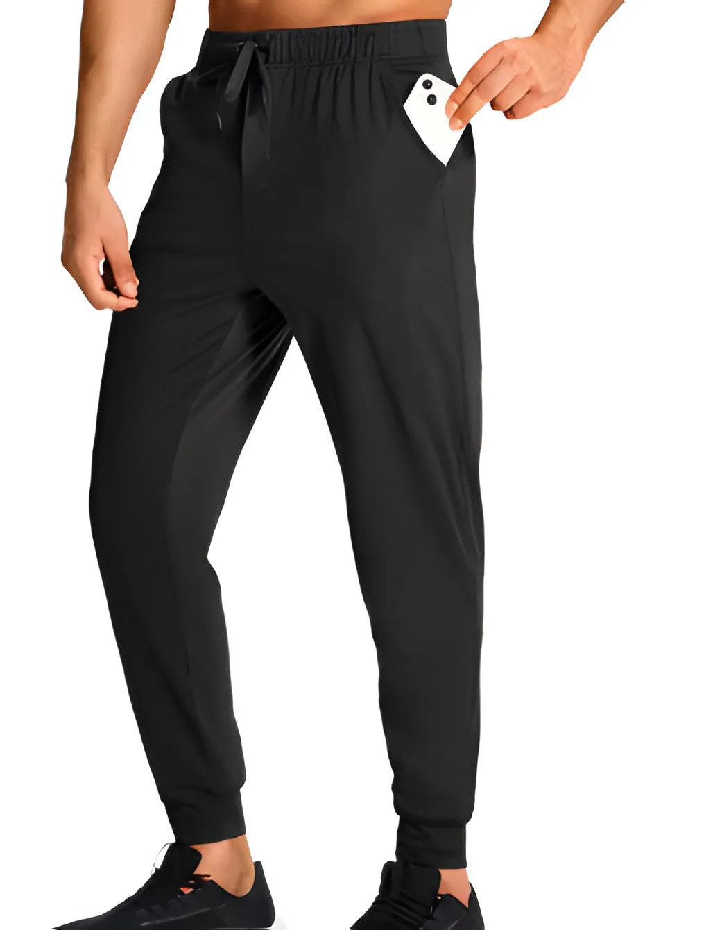 Men's loose-fitting casual polyester trousers in a solid colour on a hanger.