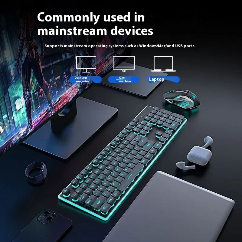 Wireless mute Bluetooth keyboard with ice blue backlighting on desk
