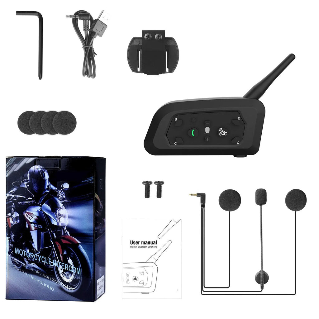 V6 Pro motorcycle helmet Bluetooth intercom unit with mounting clip and wired headphones