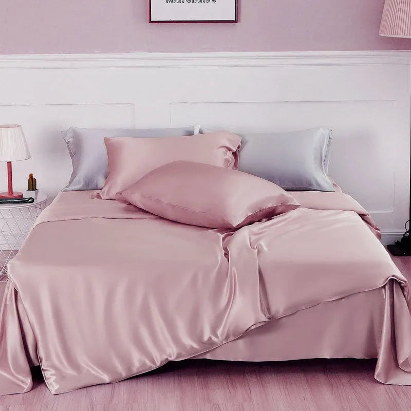 Silk duvet cover in Lotus Pink colour showing double-sided plain weave construction