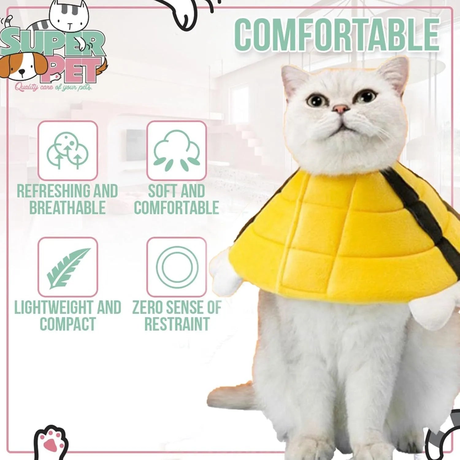 Soft cat cone collar with black and yellow bee design showing Velcro closure and curved protective shape