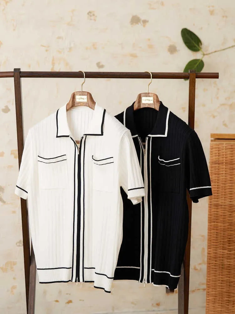 Slim fit lapel polo shirt in black with short sleeves and elastic knitting