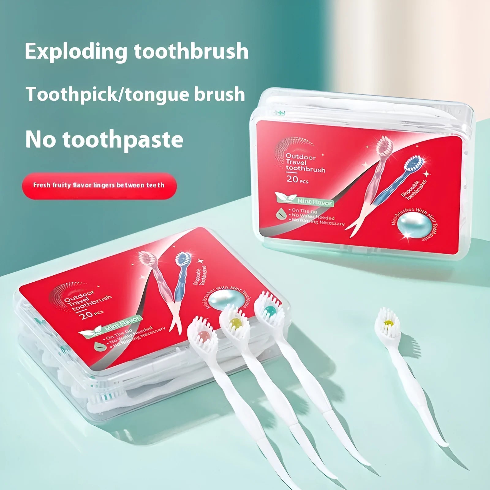 Box of 20 disposable bead toothbrushes with integrated toothpaste for travel