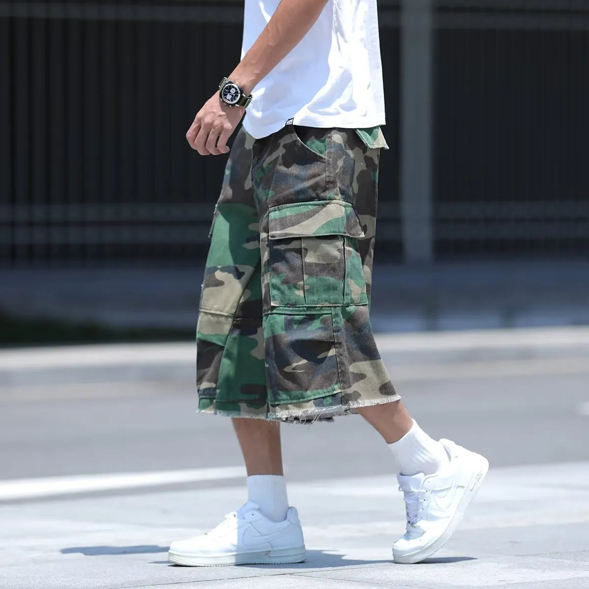 American-style retro workwear camouflage shorts with loose cropped fit in summer camouflage colours