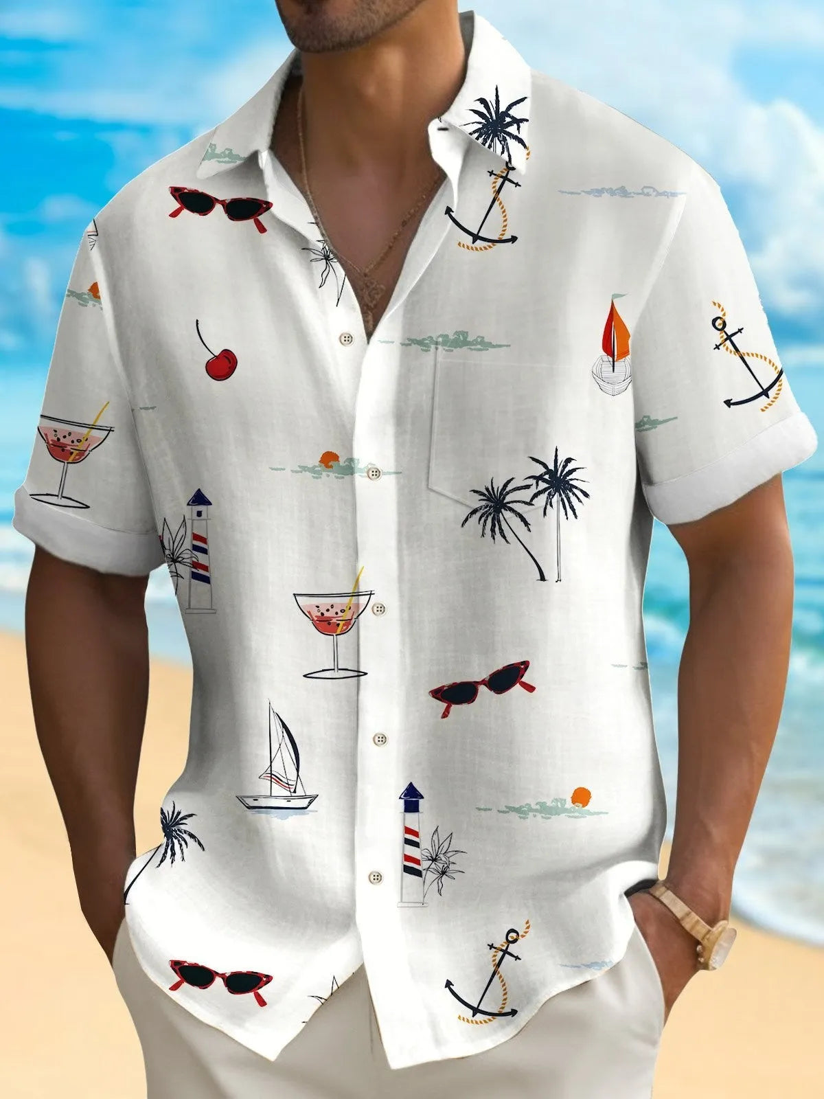 Man wearing a loose-fit, short-sleeve Hawaiian shirt with a colourful digital printed tropical pattern.