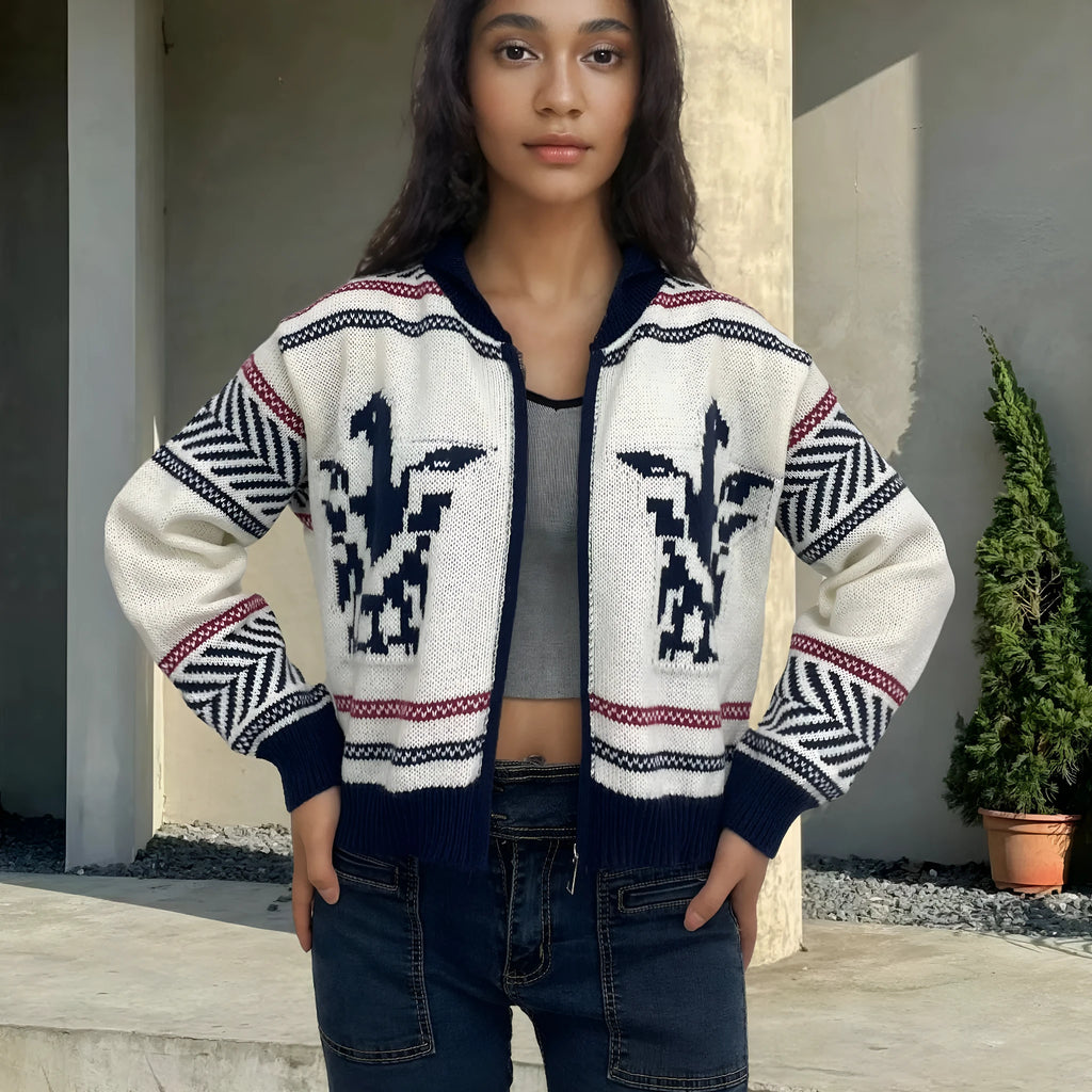 White women's cardigan with a front zip, lapel collar, and jacquard contrast colour striping.