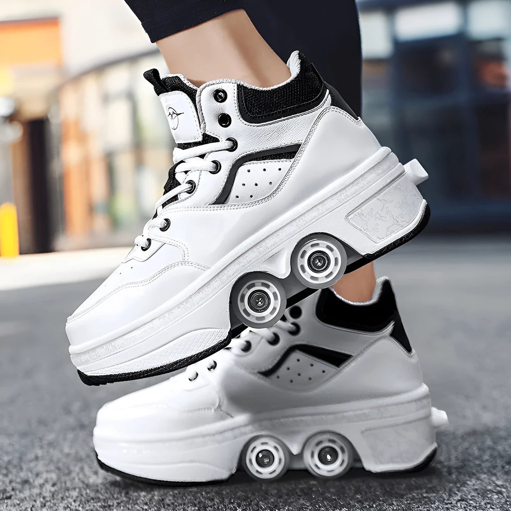 Women's minimalist retractable roller skates with PU wheels in DF06 black colour showing retracted mode