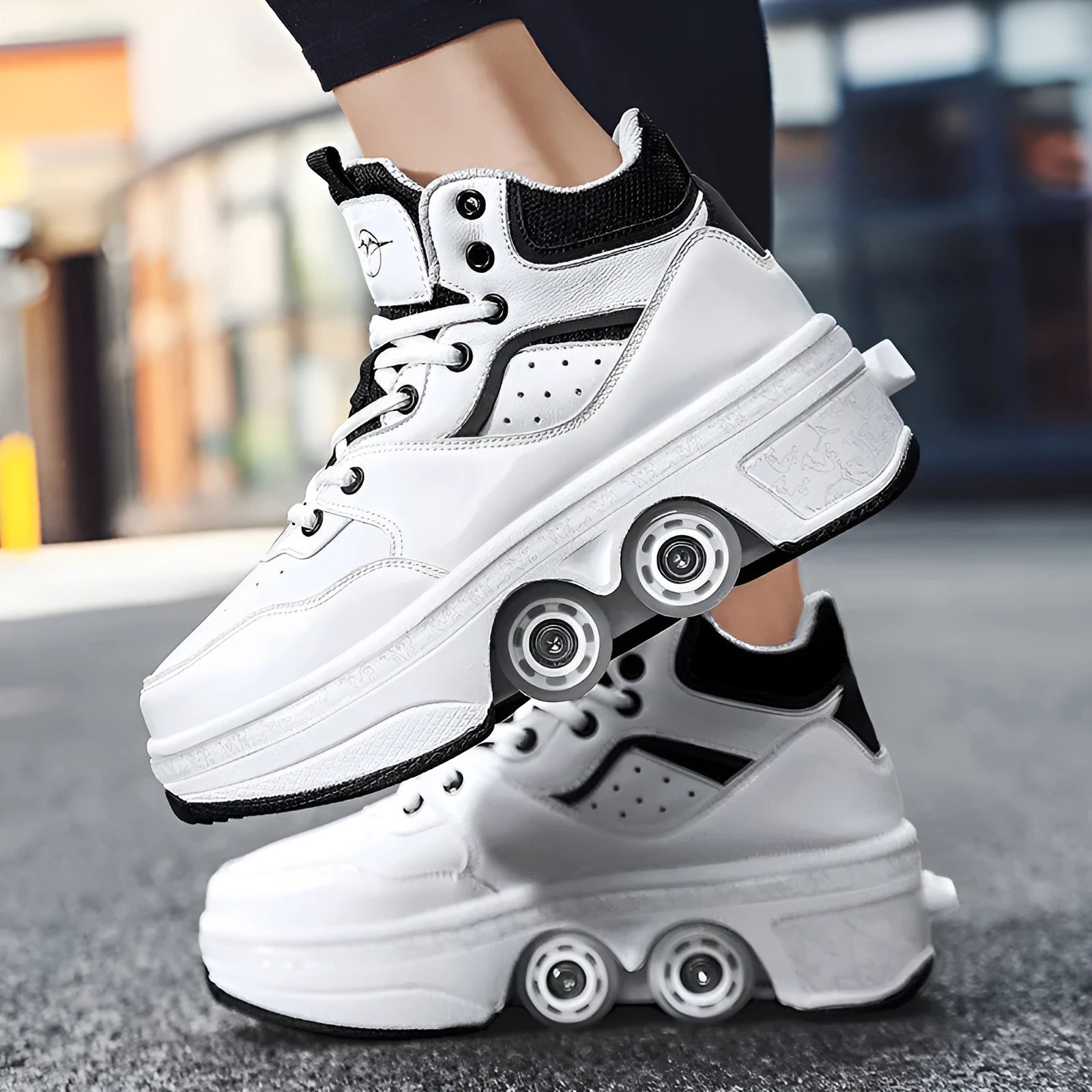 Women's minimalist retractable roller skates with PU wheels in DF06 black colour showing retracted mode