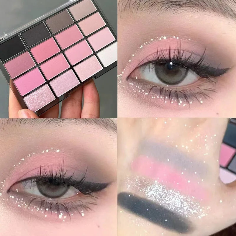 16 colours eye shadow plate with shimmer and matte finishes in multiple shades including pink and brown