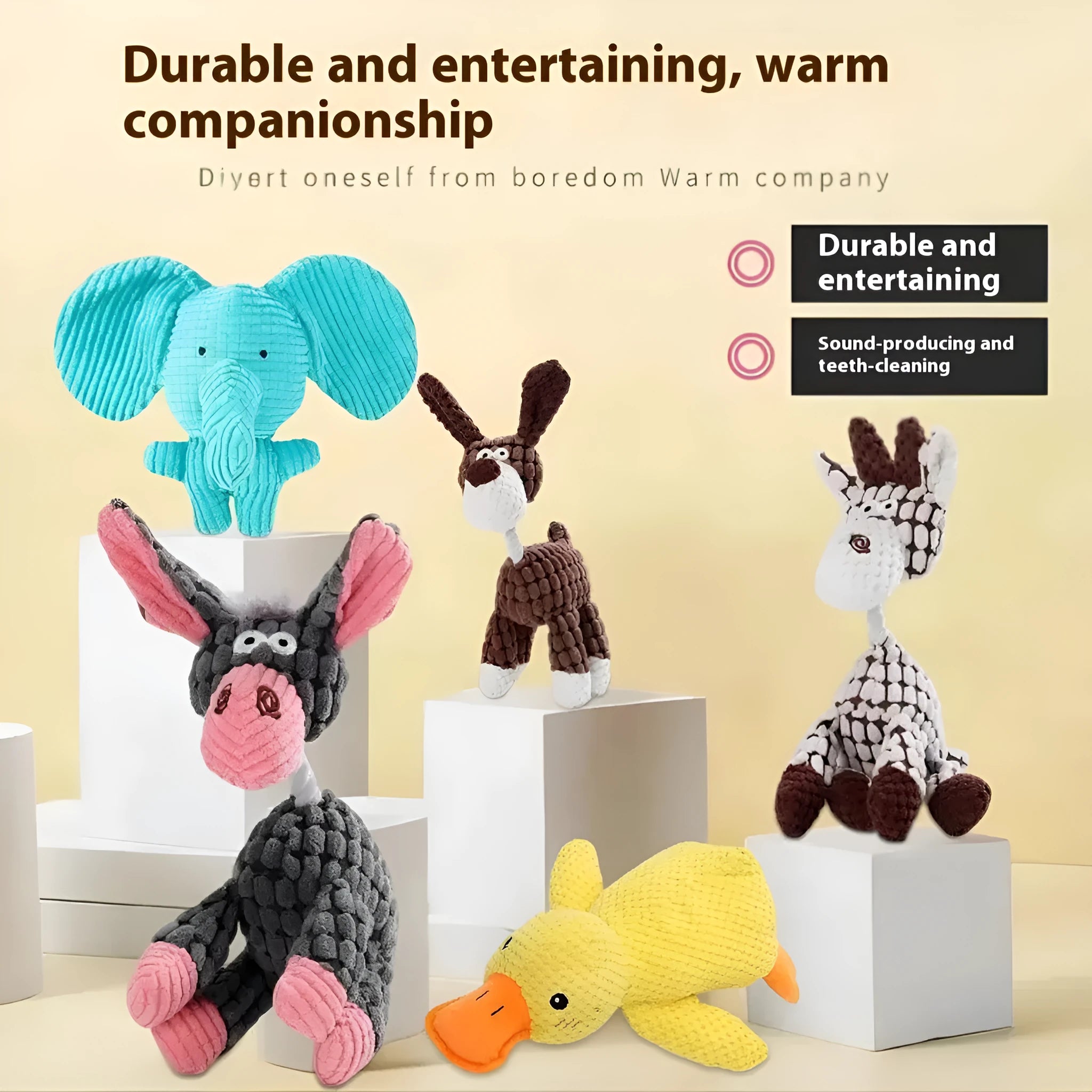 Bite-resistant plush puppy toy showing donkey, rechargeable duck, elephant, and dog styles