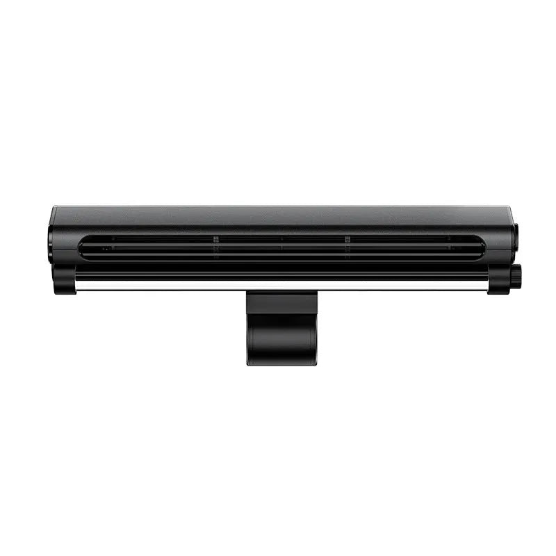 Black USB bladeless fan with clip attachment for laptop screens showing brushless motor design