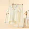 Women's cotton three-piece pajama set in garden gold colour with lapel neckline and three-quarter sleeves
