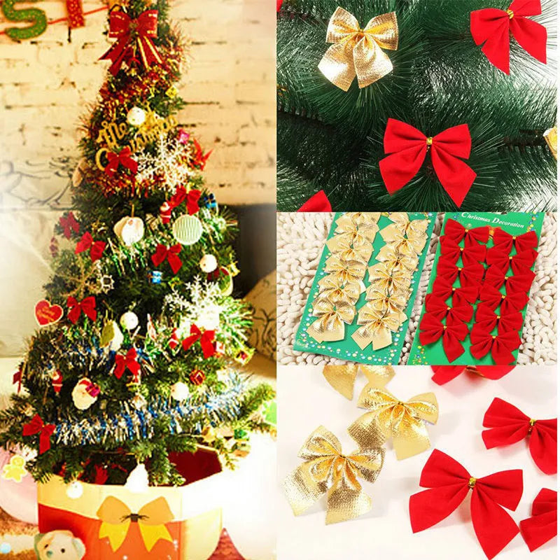 Red, gold, silver, and red-gold polyester Christmas bow ornaments measuring 5 cm.