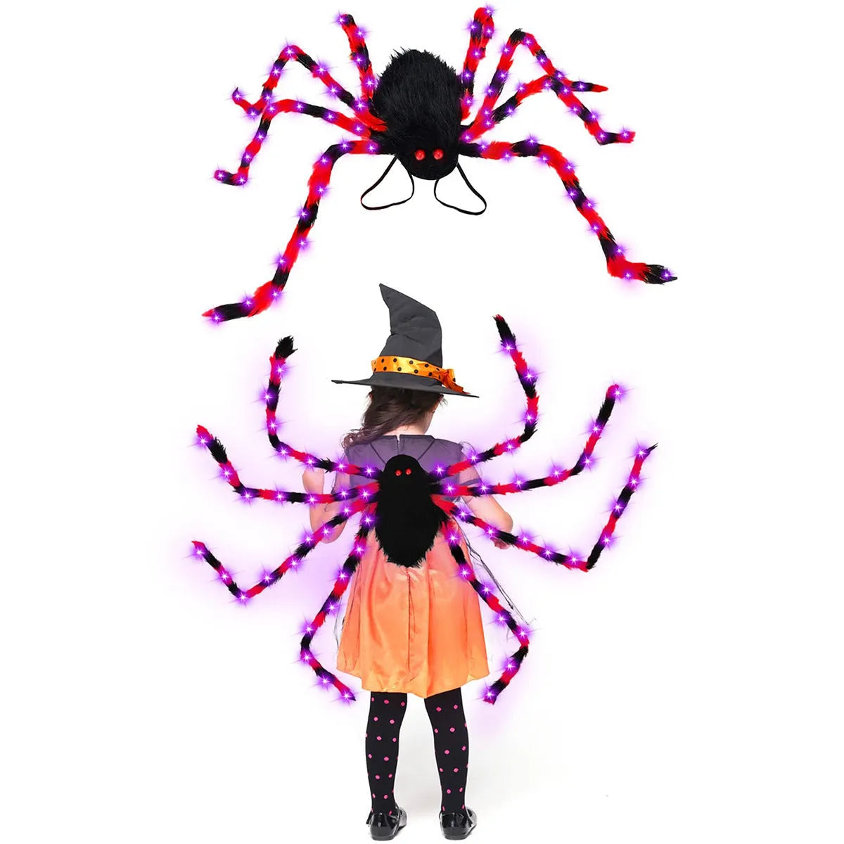 Halloween spider backpack with LED lights in plush sugar bag design showing orange colour option