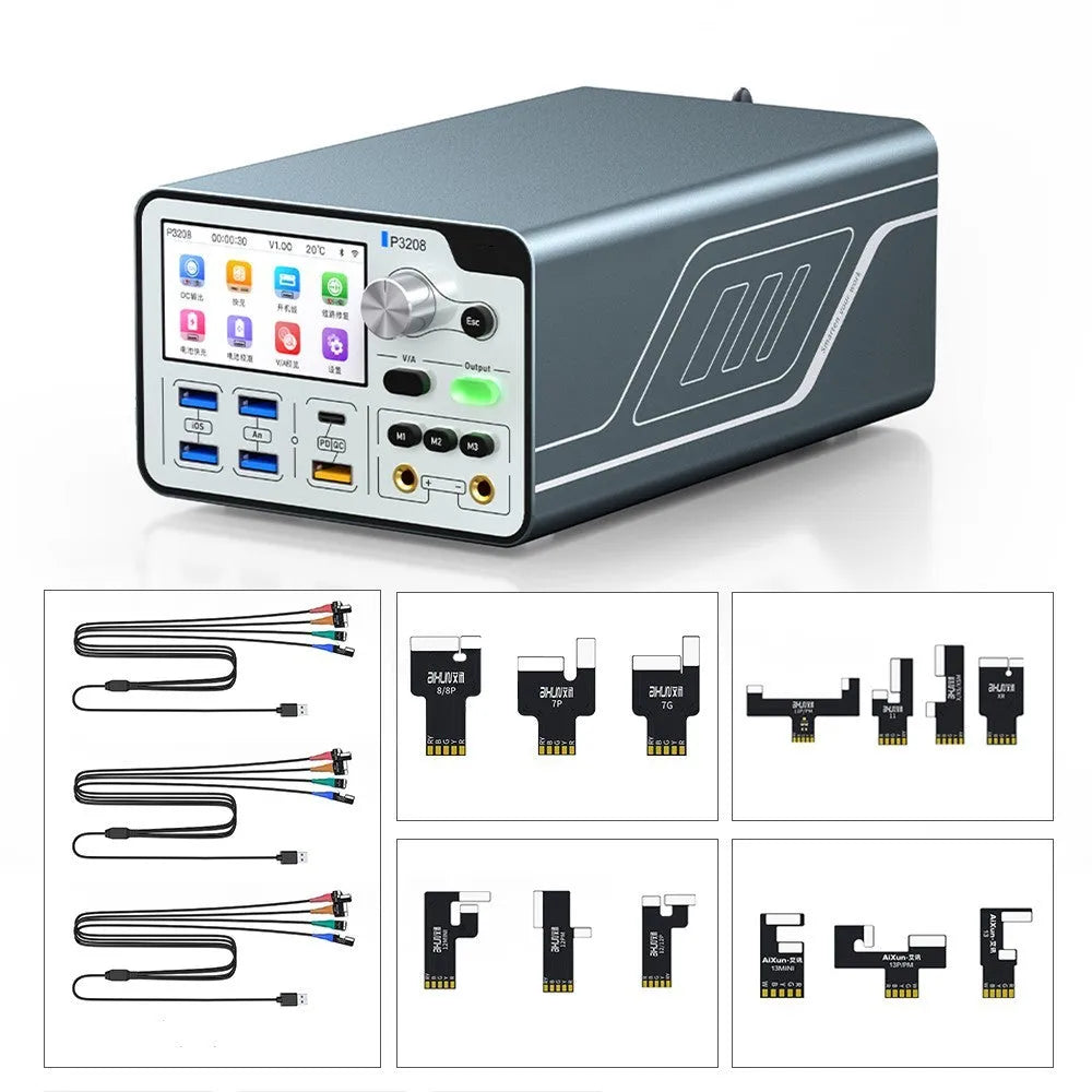P3208 smart regulated 320W power supply and meter with 3.0-inch display on a workbench.